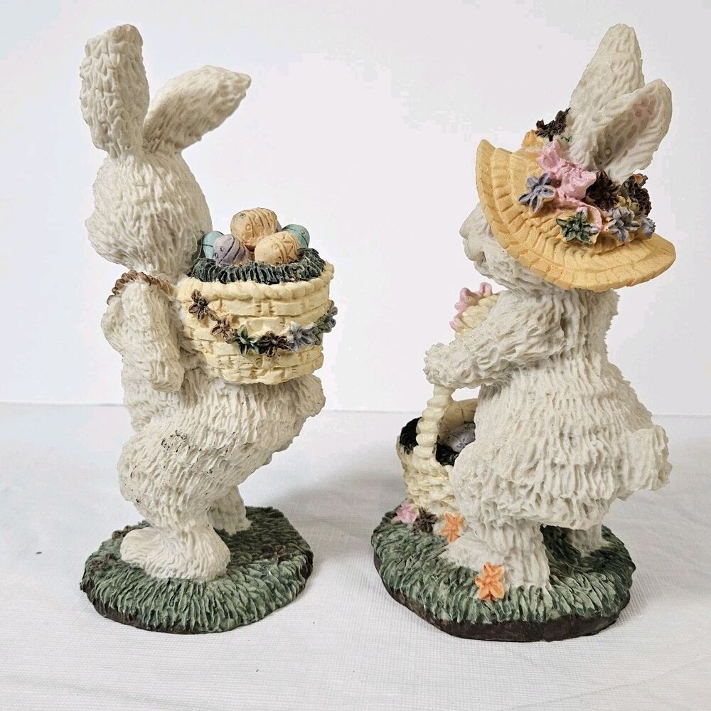 Vintage Easter Bunnies Pair Couple Collection Resin figurines Basket of Eggs - Picture 10 of 15